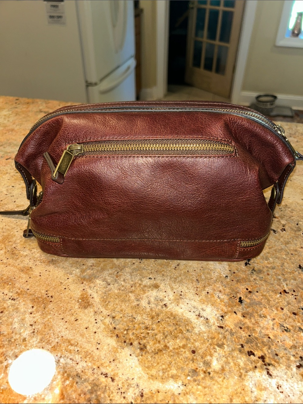 FRONTGATE luxury Men's Leather Toiletry Bag in Dark Brown with Brass Hardware